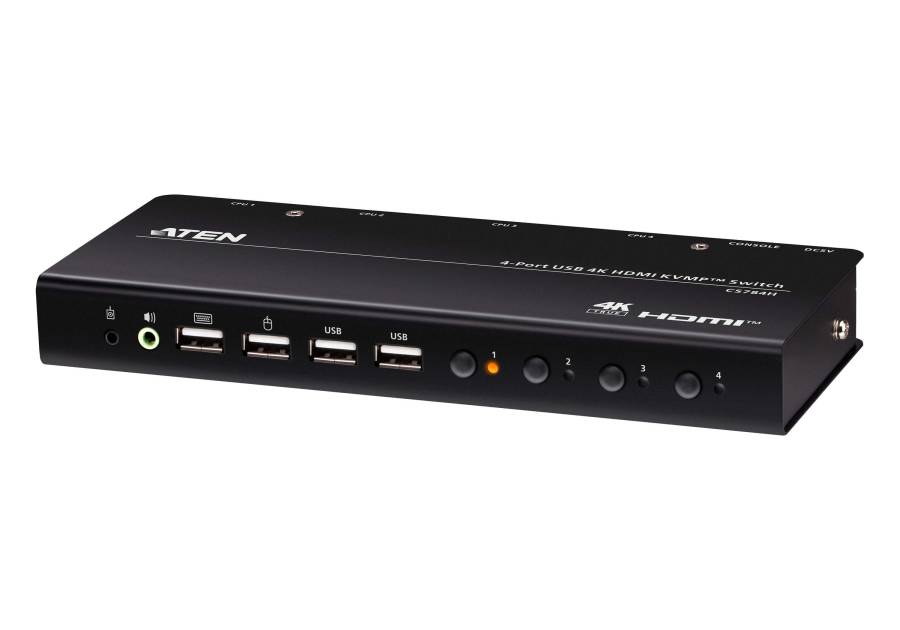 4-Port 4K/5K 60Hz HDMI KVM-Switch mit Kabelfernbedienung und inkl. PC-Kabel, Aten CS784H