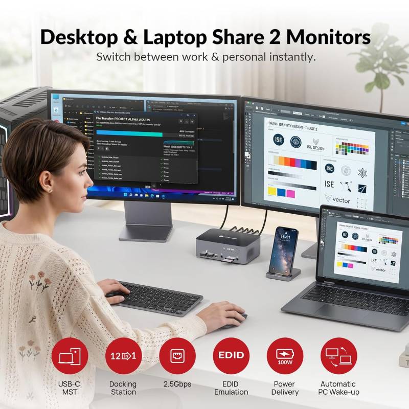 Notebook + PC 4K60Hz Dual-Monitor Docking-Station KVM-Switch with 100W Charging, 2,5GB LAN